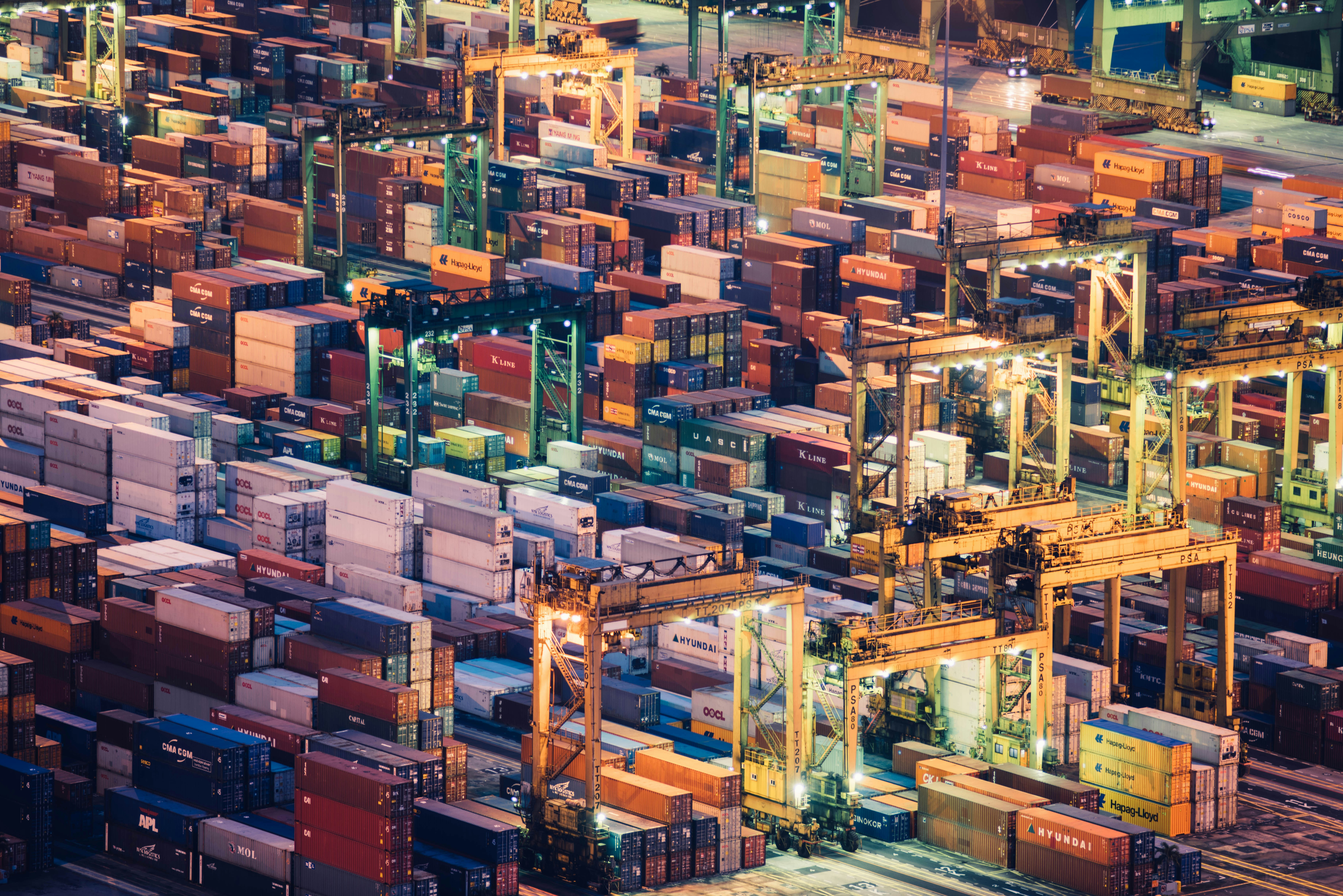 Aerial view of shipping containers at a port